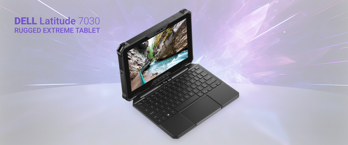 Image of the Dell Latitude 7030 tablet open with the keyboard attached.