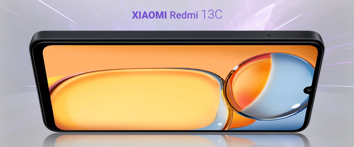 Image of the Redmi 13C with a liquid-effect screensaver on the screen. Orange and blue colors.